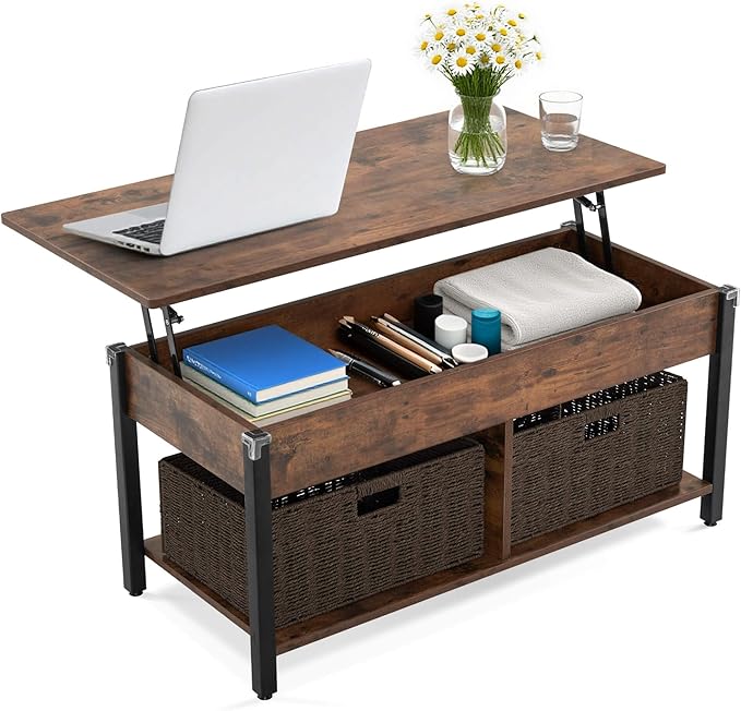 ivinta Lift Top Coffee Table with Storage, Modern Recangular Center Table with Wheels and 2 Rattan Folding Baskets, Rising Tabletop with Hidden Compartment for Living Room, 2177 (41.3", Dark Brown)