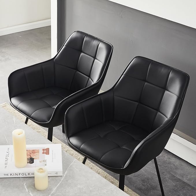 TUKAILAi Swivel Dining Chairs Set of 4, Faux Leather Upholstered Mid Century Accent Chairs with Metal Legs, Rotatable Armchairs for Home Kitchen Restaurant (Black)