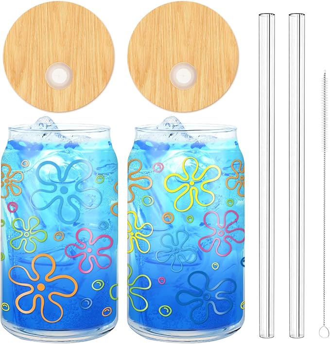 2 Pack Cartoon Sponge Drinking Glasses 16oz Flower Bubbles Glass Cup Colorful Iced Coffee Cup with Lid Straw for Birthday Baby Shower Cocktail Whiskey Beer Soda