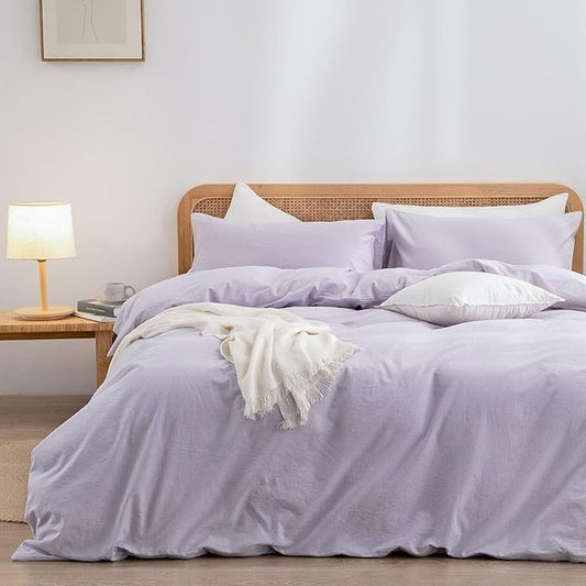 BESTOUCH Duvet Cover Set 100% Washed Cotton Linen Feel Super Soft Comfortable Chic Lightweight 3 PCs Home Bedding Set Solid Taro Purple Super King Plus