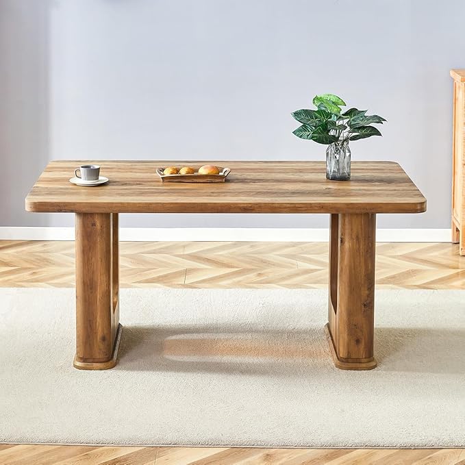 Dining Room Table for 6 - Wooden Dining Table with 1.7-Inch Thick Seamless Tabletop and Dual Pedestal Base,64.5'' Farmhouse Dining Table Ideal for Kitchen,Home Office(Easy to Assemble)