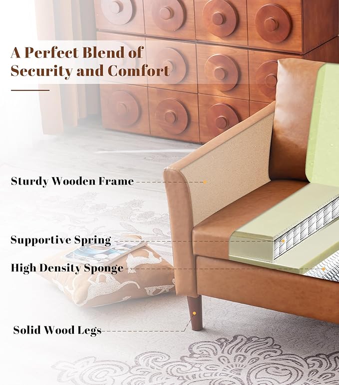 Kingfun Faux Leather 3 Seat Couch for Living Room, Mid Century Modern Sofa with Rolled Arms and Deep Seats, Fluffy Comfort for Apartment, Easy to Assemble, Mid Brown 80inch