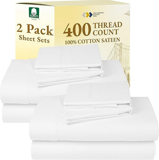 2-Pack Luxury Queen Sheet Sets - 400 Thread Count 100% Cotton Sateen - Extra Soft, Breathable & Cooling Sheets, Wrinkle Resistant, 2 Sets of Deep Pocket Bed Sheets - Antique White