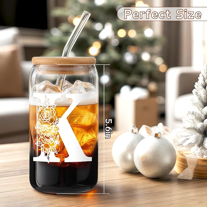 Gifts for Women Birthday Christmas Decorations：Initial Glass Cup as Office Graduation Memorial Personalized Gifts - for Mom Teens Wife Girlfriend Sister Daughter Gifts - K Aesthetic Cup