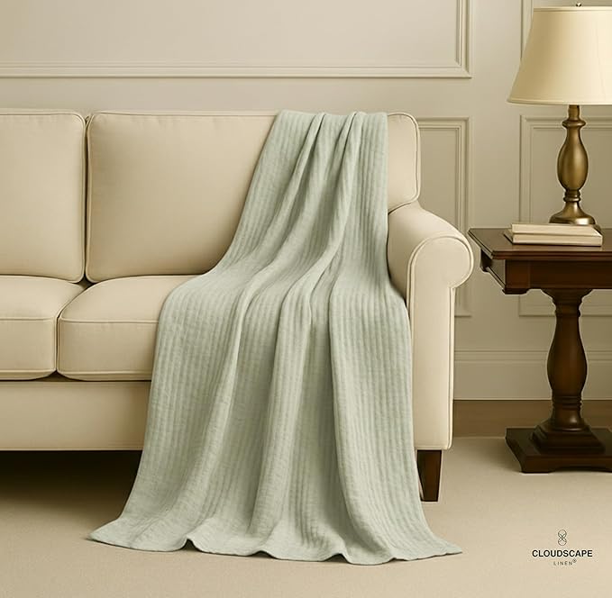 Cloud Scape Linen Extra Large 8 Layer Muslin Throw Blanket - 100% Cotton Gauze, Soft and Breathable, Winter Blanket for Couch, Sofa and Bed, Idea, 50x70, Seafoam