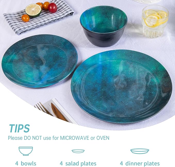 Melamine Dinnerware Sets for 4, 12pcs Plates and Bowls Sets for Daily Use, Dishwasher Safe, BPA-free, Teal Green
