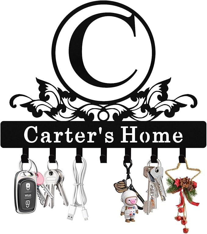Personalized Monogram Key Holder Wall Mount, Custom Initial Name Metal Key Holder for Wall, Custom Keys Rack Hanger with Hooks for Entryway, Front Door, Hallway, Living Room, Kitchen