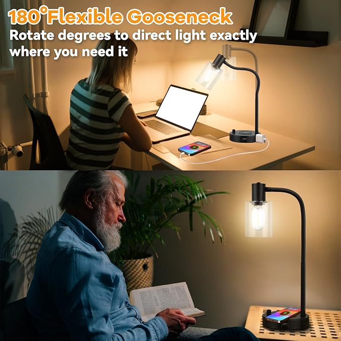 Industrial Table Lamp with Wireless Charing, Fully Stepless Dimmable Lamps Nightstand Lamps, Desk Lamp with Glass Shade Reading Lamp for Office Living Room (Black 02)