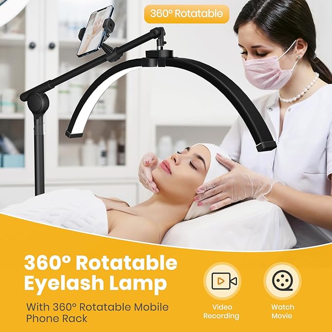 LASTAR LED Lash Light for Eyelash Tech – Half Moon Floor Lamp with Adjustable Brightness, Warm-to-Cool Lighting & Built-in Phone Holder – Ideal for Tattoo Artists, Estheticians & Lash Experts
