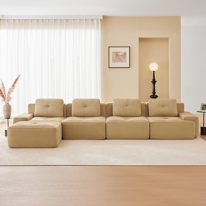 150" Modern Compressed Boneless Couch with Ottoman, 4 Seater Large L Shaped Sectional Couches for Living Room, Camel Corduroy Cloud Modular Sectional Sofa, Memory Foam, Extra Deep, No Assembly