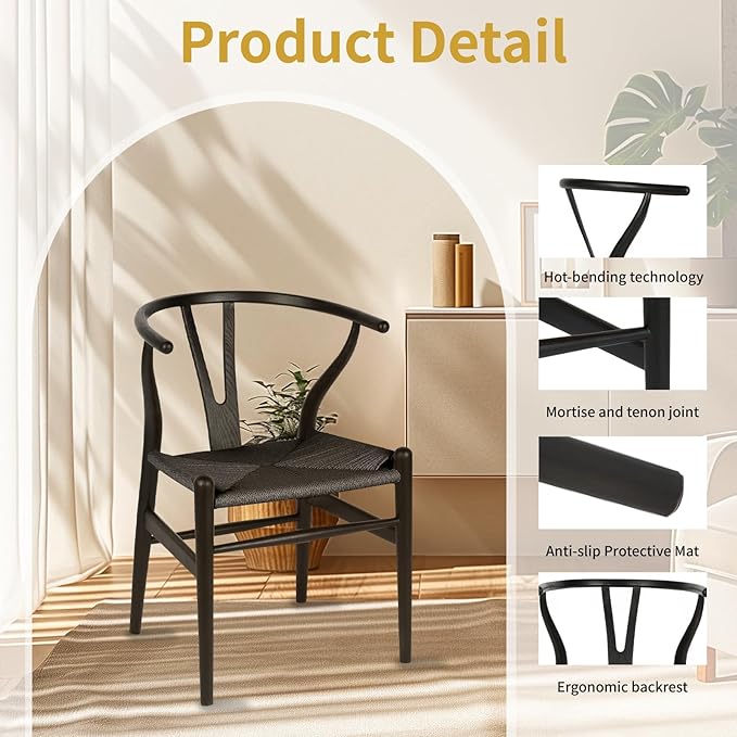 Wishbone Chair Natural Solid Wood Dining Chair/Hans Vegner Y Chair Rattan and Wood Accent Armrest Chairs Set of 4 (Ash Wood - Black)