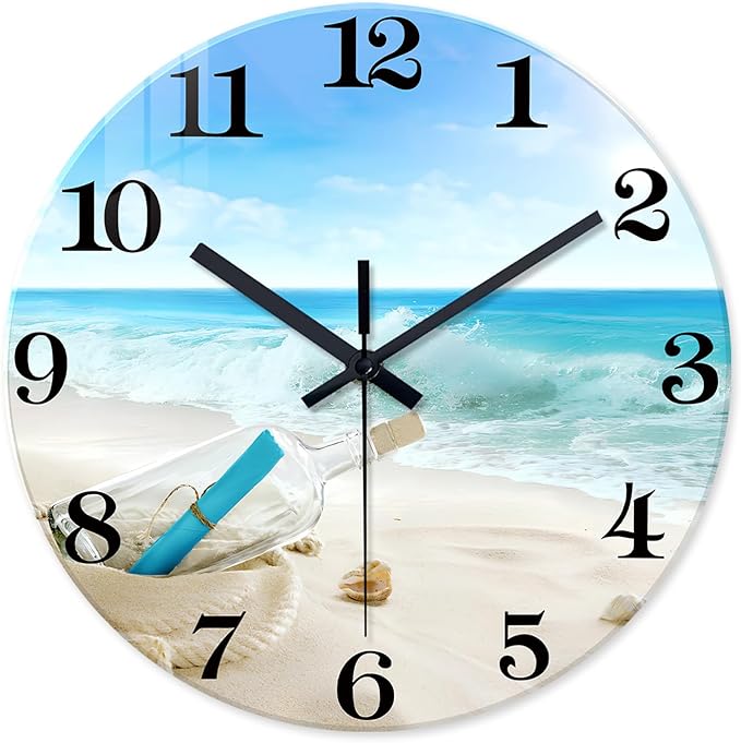 XNM Coastal Blue Clock for Kitchen 14 Inch Glass Analog Wall Clocks Battery Operated Round Silent Wall Clock Non Ticking