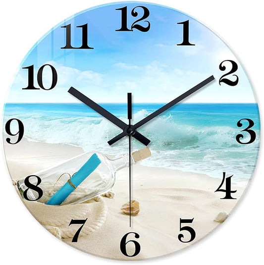 XNM Coastal Blue Clock for Kitchen 14 Inch Glass Analog Wall Clocks Battery Operated Round Silent Wall Clock Non Ticking