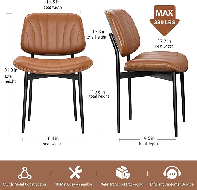 Dining Chairs Set of 8, Mid-Century Modern Upholstered PU Leather Chairs with Walnut Bentwood Back and Metal Legs Adjustable Feet for Kitchen Dining Room, Camel Shell Strips