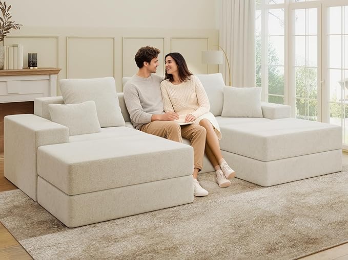 Living&Giving 101" U-Shaped Cloud Sectional Couch for Living Room, Cloud Boneless Couch-No Assembly with Reversible Chaise, Customizable 3-Seat Modular Sectional Sofa with 2 Ottoman, Beige