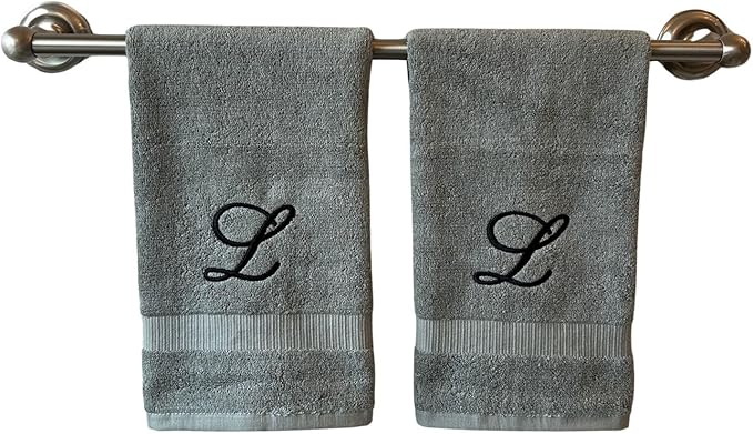 Gray Monogrammed Hand Towels for Bathroom - Luxury Hotel Quality Personalized Initial Embroidered Towel for Powder Room, Spa - GOTS Organic Certified - Set of 2 Black Letter L