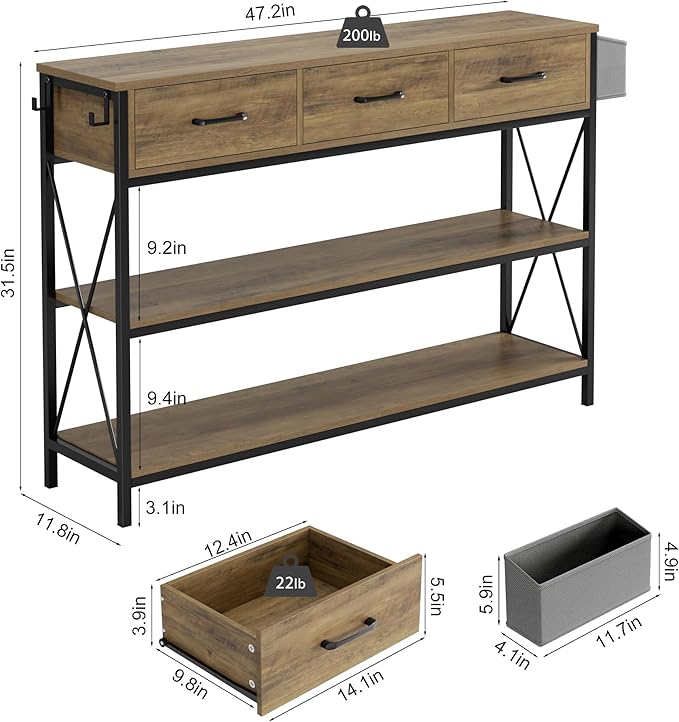 HITHOS 47.2" Console Table with 3 Drawers, Industrial Long Entryway Foyer Table with 3-Tier Storage Shelves, Narrow Sofa Hallway Table for Living Room, Entry Way, Kitchen, Rustic Brown