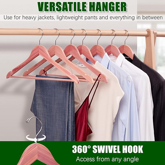 Amber Home 30 Pack American Red Cedar Hangers, Smooth Finish Wood Coat Hangers with Swivel Hook & Notches for Suit, Shirt, Dress, Jacket, Pants