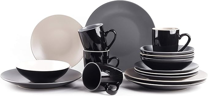 Colors Life 16pc Dinnerware Set, Very Cool - 4 Assorted Colors of Grey, Light Grey, Light Beige and White