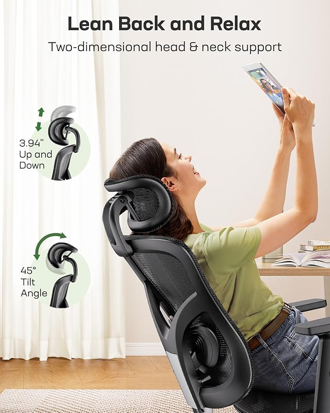 Marsail Ergonomic Mesh Office Chair,Ergonomic Dsk Chair with 2D Headrest,Adjustable Lumbar Support & Up and Down Armrest