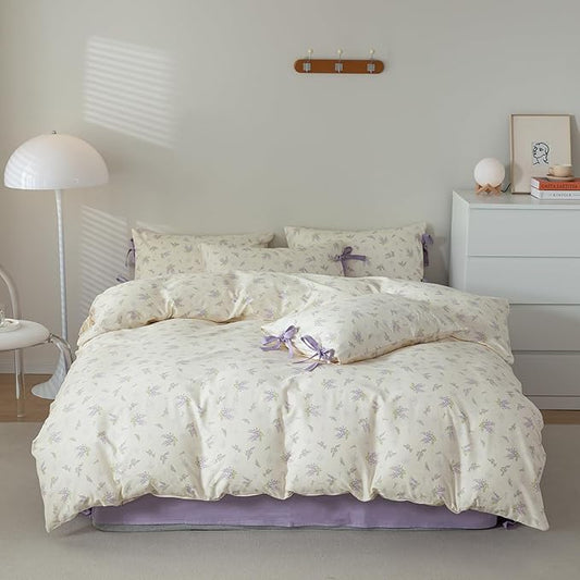 EAVD Garden Style Botanical Floral Comforter Set King White Fluffy Microfiber Chic Shabby Purple Floral Bedding Set 1 King Bed Comforter and 2 Pillowcases Fresh Botanical Comforter Set for All-Season