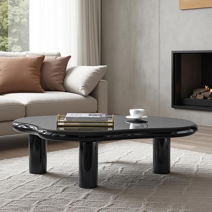 HULALA HOME Modern Cloud-Inspired Coffee Table with Asymmetrical Lacquered Top, Adjustable Legs & Rounded Corners, 50.5”W Contemporary Center Table for Living Room/Office, Holds 110 LBS, Easy Assembly