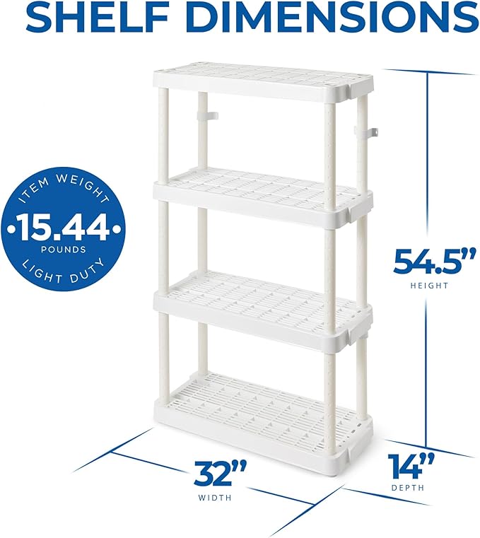 Gracious Living 14 x 32 x 54.5 Inch 4 Tier Adjustable Ventilated Medium Duty Shelving Units for Home, Garage, Basement, and Laundry, White