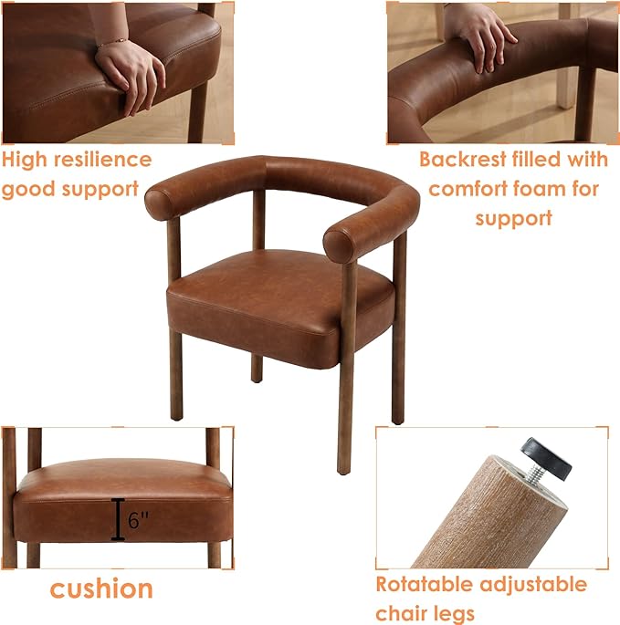 Mid-Century Modern Dining Chairs Set of 4, Armrest Barrel Dining Chairs Side Accent Chairs with Curved Back, Upholstered Wood Armchairs for Kitchen, PU Leather Brown