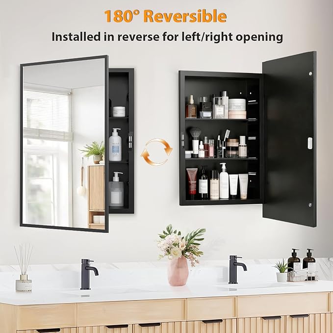 Recessed Medicine Cabinet with Mirror 16x24 inch, Mirrored Medicine Cabinets for Bathroom, Black Bathroom Mirror with Storage, Metal Medicine Cabinet with Mirror, 2 Adjustable Metal Shelves