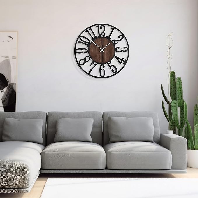 1st owned Wall Clock for Living Room -16" Silent Non Ticking,Battery Operated,Black Metal, Antique Wood Clocks for Farmhouse,Dining Room,Bedroom,Kitchen Clock Wall Decor- Arabic Numerals