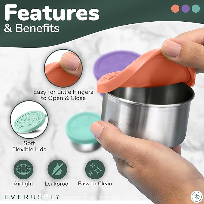 Everusely - Stainless Steel Food Containers - 3 Pack, Bright - Metal Lunch Box - Nesting Snack Containers for Office, Home Food Storage - Leakproof Silicone Lids - Dishwasher and Freezer Safe