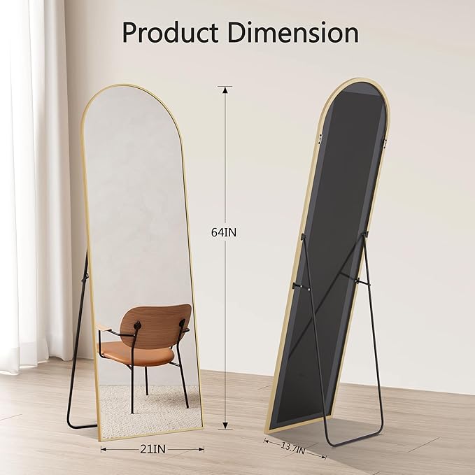 Arched Full Length Mirror, 64"×21" Large Mirror, Mirrors Full Length for Home Wall Decor, Floor Length Mirrors with Stand for Bedroom Room Décor, Gold