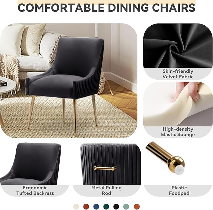 Dining Chairs, Accent Chairs Set of 4, Modern Upholstered Kitchen Dining Room Chairs with Gold Legs, Fabric Tufted Velvet Living Room Chairs for Reception Room Bedroom Guest Room (Black)