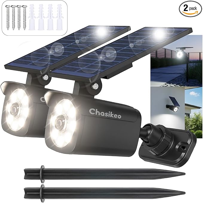 Chaiskeo 2 Pack Solar Motion Lights Outdoor, Solar Spot Lights with Motion Sensor, IP67 Waterproof Solar Powered Security Lights, LED Spotlight for Garden, Yard, Pathway, Fence, Driveway