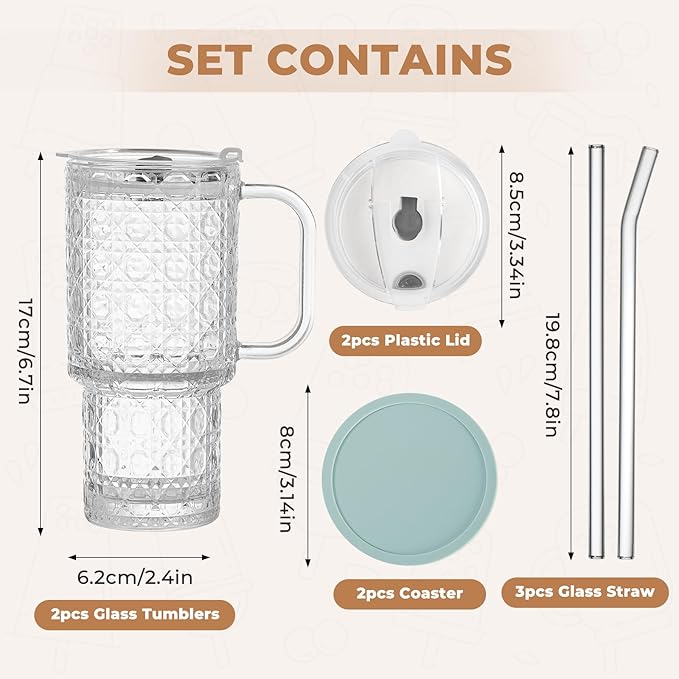 17oz Water Glass Tumbler with Handle & Lid Coasters, Reusable Iced Coffee Cups with Straws – Set of 2, Glass Cups for Smoothies, Juice, Coffee, Tea