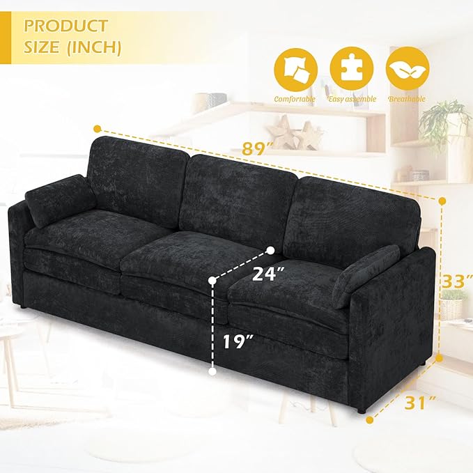 89” Chenille Sofa w/Arm Pillows, Upholstered 3-Seater Sofa w/Comfortable Back Cushions, Modern 3 Seats Couch w/High-Density Foam for Living Room, Apartment, Office, Black