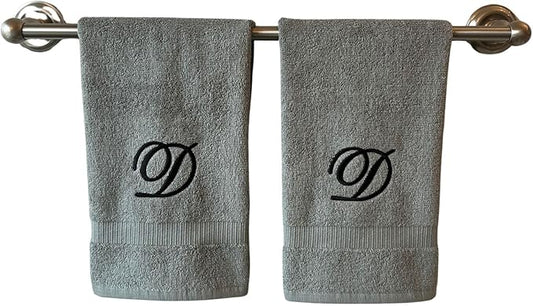 Gray Monogrammed Hand Towels for Bathroom - Luxury Hotel Quality Personalized Initial Embroidered Towel for Powder Room, Spa - GOTS Organic Certified - Set of 2 Black Letter D