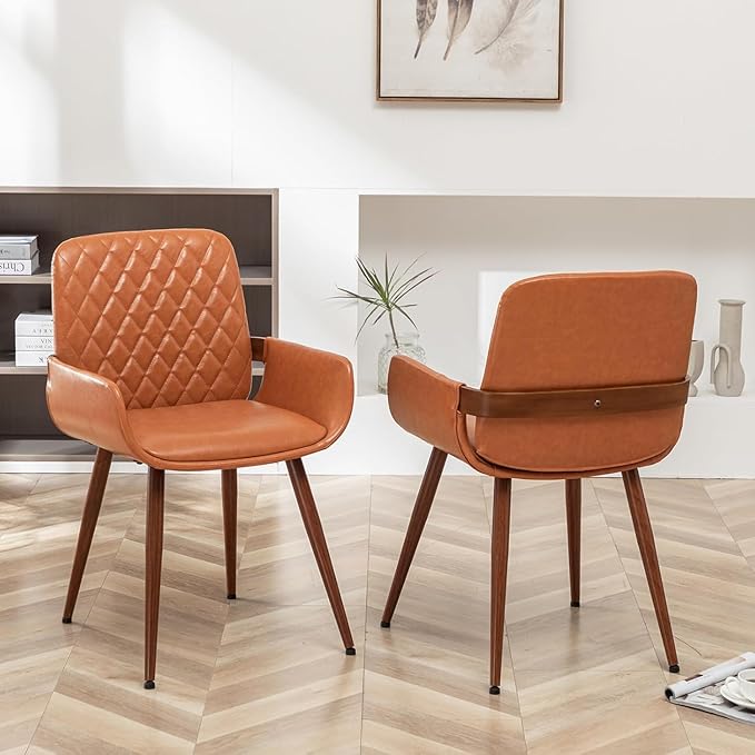 LUNLING Mid Century Modern Faux Leather Dining Room Chairs,Upholstered Seat Metal Legs Chairs Orange Faux Leather Kitchen Chair Reception Room Chair,1PCS