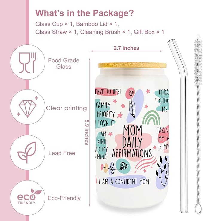 Mom Gifts from Daughter Son, Gifts for Mother Birthday, Gifts for Mom 16oz Glass Cup with Lid and Straw, Thank You Mom Gift Ideas, Delicate Mom Thanksgiving Christmas Gifts