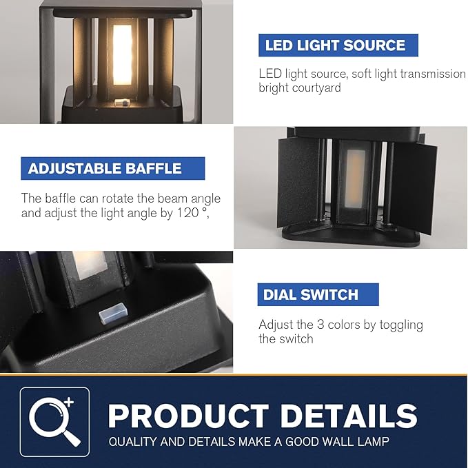 LED 20W Outdoor Wall Lights Exterior/Interior 3 Colors Adjustable Wall Sconce Up and Down Light Porch Lights IP65 Waterproof Exterior Wall Sconce Modern Outdoor Lighting Square Aluminum Black