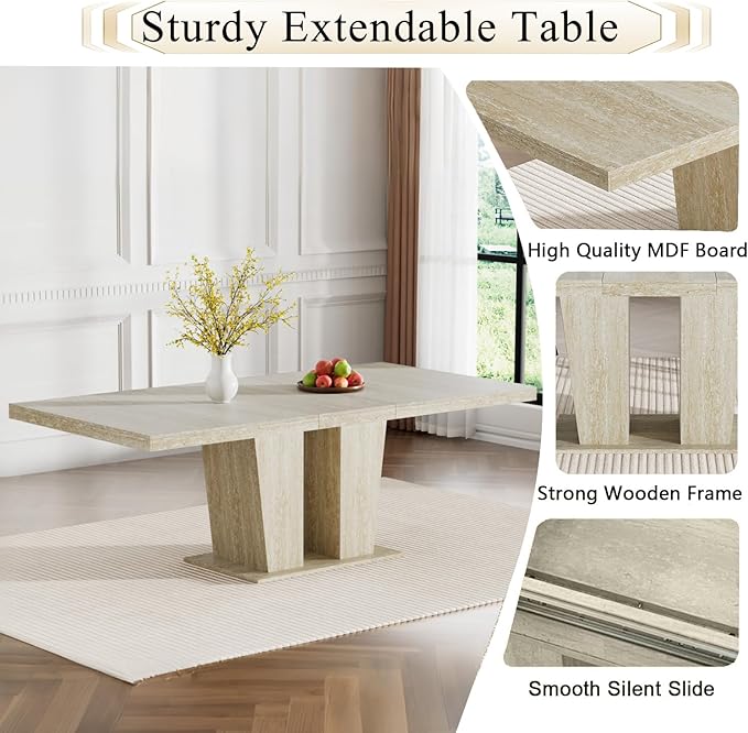 Goujxcy 5-Piece Extendable Dining Table Set for 4, 63-78 Inch Faux Travetine Kitchen Table Set with 4 Beige Upholstered Chairs Modern Wood Expandable Dining Room Table Set for Kitchen Apartment