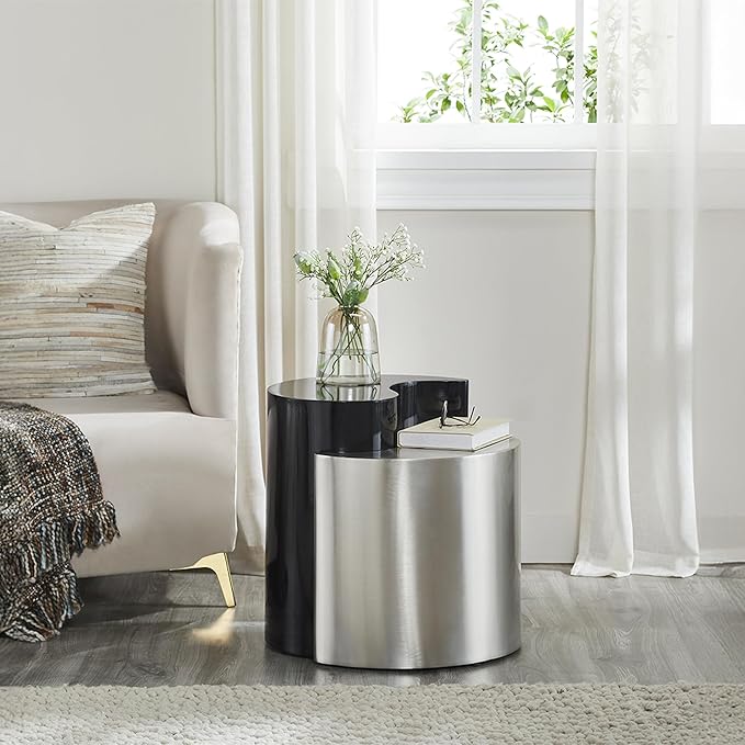 Modern Contemporary Luxury Ying-Yang 20" Height End Table Set, Sculptural Design with Aluminum Frame for Living Room, Entryway, Home & Office, Black & Silver Dual Tone End Table