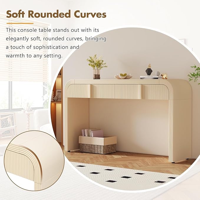 55'' Fluted Console Table with Storage Drawers, Wood Modern Curved Entryway Table with Storage for EntryWay, Hallway, Foyer (Beige)