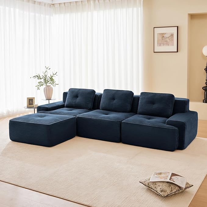 115" Modern Corduroy Cloud Sofa with Ottoman, L Shaped Boneless Modular Large Sectional Couches for Living Room, Blue 3 Seater Compressed Memory Foam Couch, Extra Deep Seat, No Assembly
