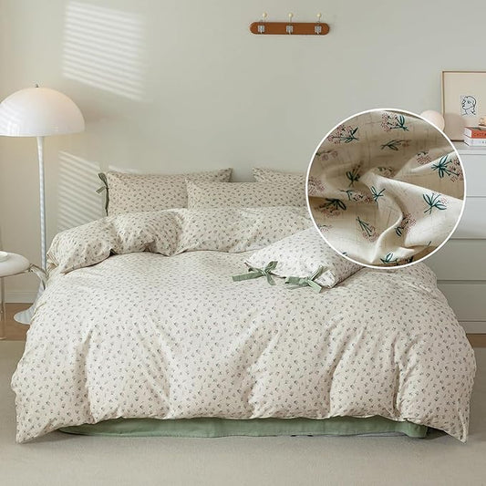 LifeTB Green Floral Duvet Cover Twin XL 3 Pieces Green Blossom Flower Comforter Cover Vintage Floral Cottagecore Bedding Set 100% Cotton Flower Botanical Comforter Cover with 2 Bowknot Pillowcases