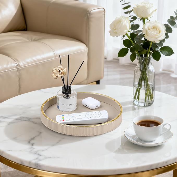 Round Decorative Tray for Coffee Table Decor, PU Leather Coffee Table Tray Golden Trim for Home Decor Living Room Dining Table, Perfume Trays Nightstand Organizer (Beige)