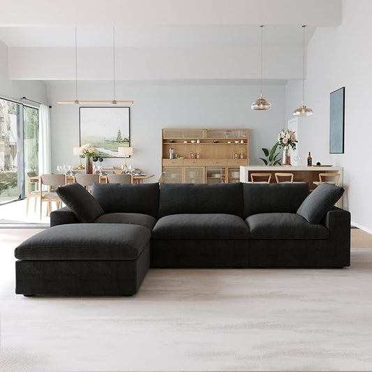 JACH L-Shaped Cloud Sectional Couches for Living Room, Modular Convertible Sofa, Ottoman with Storage, Thick Cushions, Couch Covers Removable, Cloud Sectional Sofas for Apartment (Black)