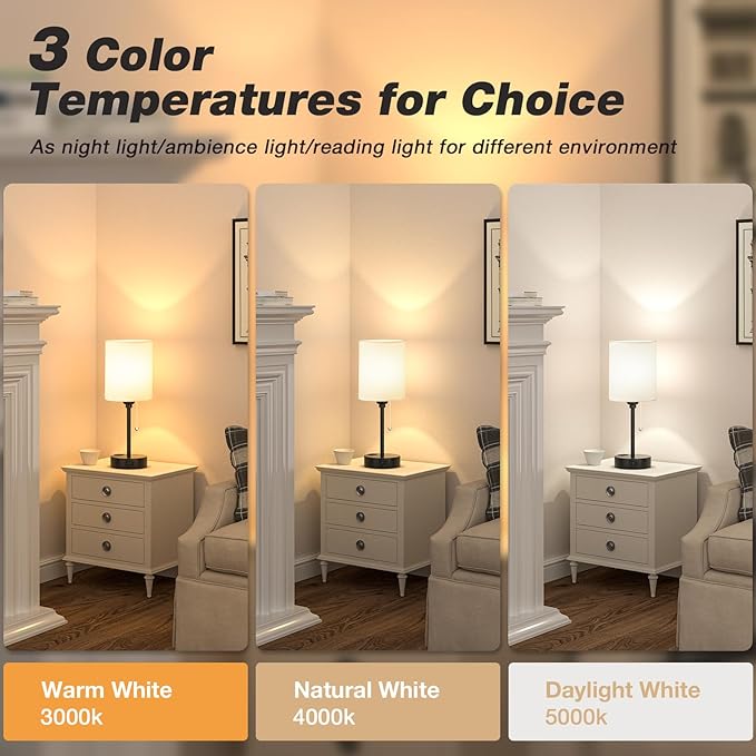 Bedside Table lamp for Bedroom Set of 2 - 3 Color Temperatures Small Lamps with USB C and A Ports, Pull Chain Table Lamps with AC Outlet, White Nightstand Lamps with Black Metal Base for Kids Reading