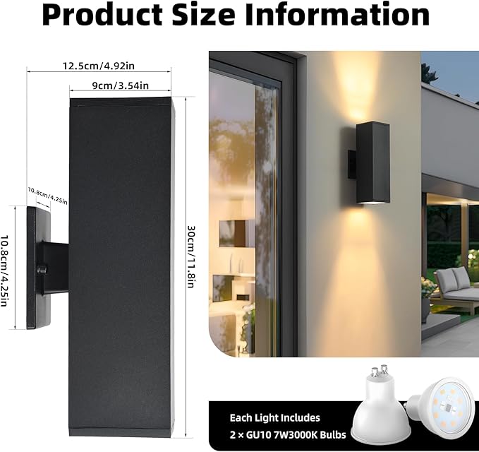 tewei LED Square Up and Down Lights Outdoor Wall Lights, Matte Black Exterior Lighting Fixtures with 7W LED Bulbs, Modern Outdoor Sconce Lights for House, Garage, Porch, Doorway, 2 Pack