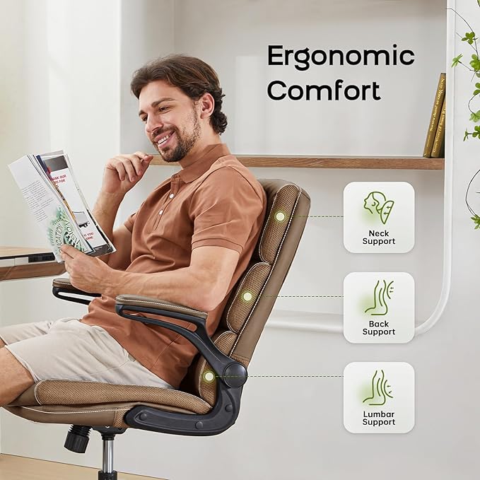 Office Chair Adjustable Desk Chair Mid Back Executive Comfortable Bonded Leather Ergonomic Back Support Home Computer Chairs with Padded Flip-up Armrest Swivel Wheels (Tan)